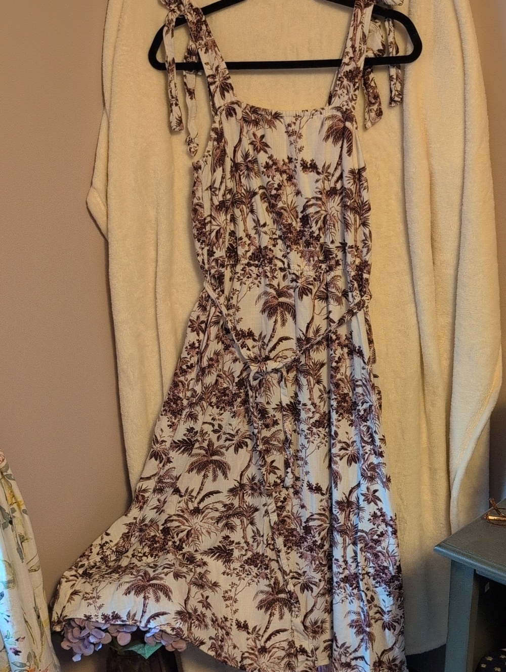 LC Lauren Conrad Linen Cream and Burgundy Tie-Shoulder Midi Dress